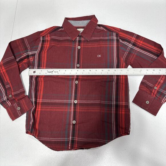 CALVIN KLEIN Jeans Boys Plaid Button up Shirt Long Sleeve Small 8 Red Gray - Picture 4 of 8